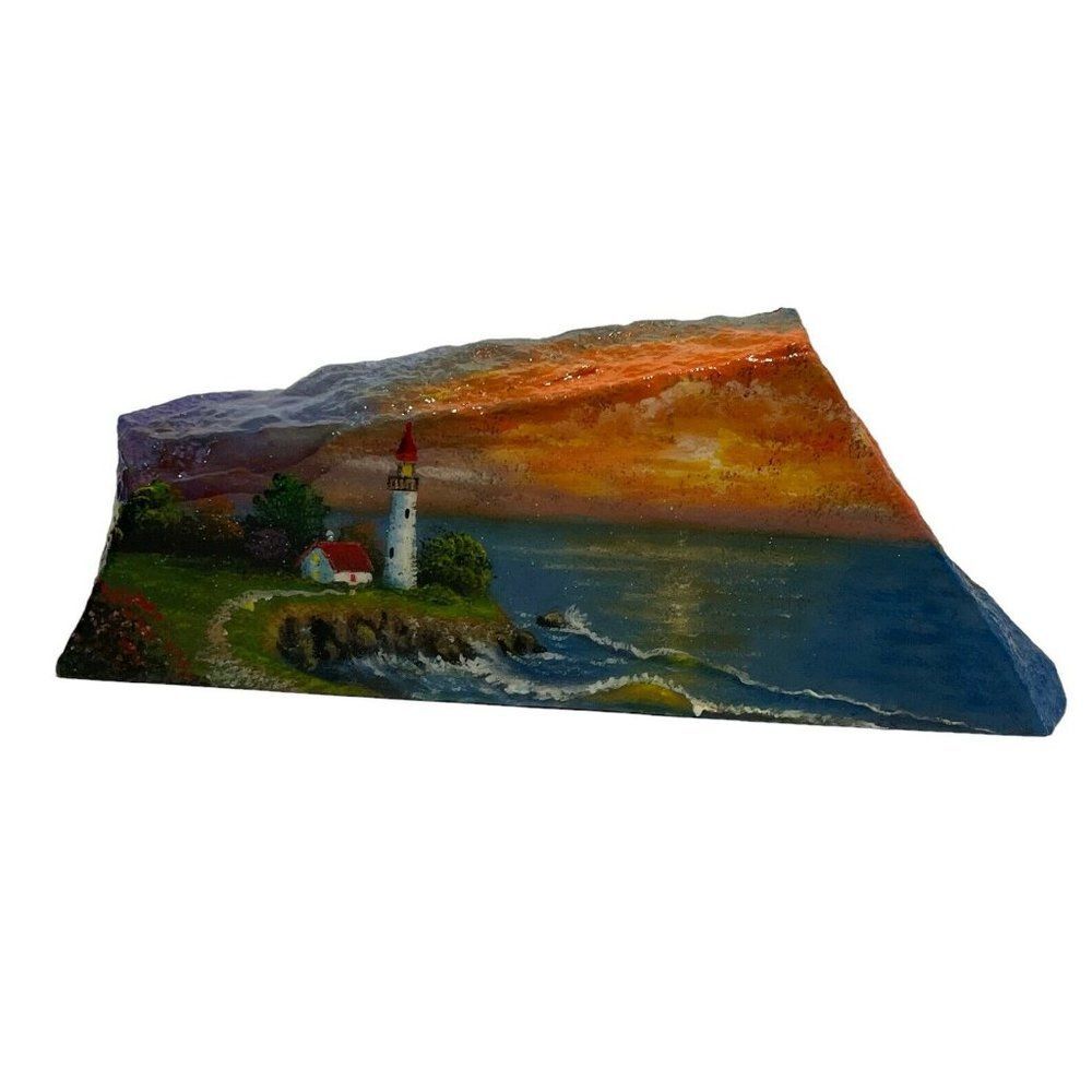 Artisan hand painted lighthouse beach scene Stone paperweight Ocean Donna Smith